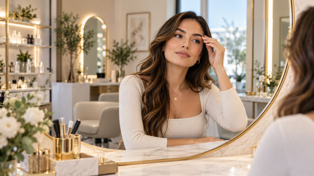 Woman improving her eyebrows while looking in a salon mirror